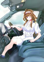  absurdres ahoge alternate_costume brown_hair car car_interior double_bun female hair_bun hairband highres kantai_collection kongou_(kancolle) long_hair looking_at_viewer military military_uniform motor_vehicle naval_uniform one_eye_closed purple_eyes right-hand_drive shamo_(ptwmjgda) solo steering_wheel uniform white_hairband 