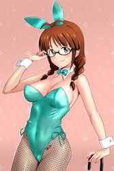  adjusting_eyewear akizuki_ritsuko animal_ears antenna_hair aqua_bow aqua_bowtie aqua_leotard bow bowtie braid breasts brown_eyes brown_hair cane cleavage detached_collar female fishnet_pantyhose fishnets glasses grey_pantyhose hair_over_shoulder idolmaster idolmaster_(classic) idolmaster_1 leotard long_hair low_twintails medium_breasts minpei_ichigo pantyhose pink_background playboy_bunny rabbit_ears solo strapless strapless_leotard twin_braids twintails wrist_cuffs 