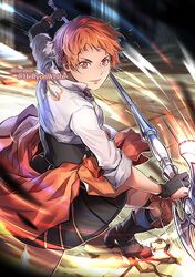  artist_name cracked_floor female fire_emblem fire_emblem:_three_houses garreg_mach_monastery_uniform hellyonwhite holding holding_weapon leonie_pinelli orange_eyes orange_hair paula_biedma polearm poleaxe short_hair weapon 