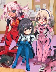  3girls :d badge black_bodysuit black_gloves black_hair black_headwear blonde_hair blue_bodysuit blush bodysuit boshi_(a-ieba) breasts brown_eyes button_badge chloe_von_einzbern commentary_request cosplay dark-skinned_female dark_skin evangelion:_3.0_you_can_(not)_redo eyepatch fate/kaleid_liner_prisma_illya fate_(series) full_body glasses gloves grey_background hair_between_eyes hair_ornament hairband hand_up hat highres ikari_shinji ikari_shinji_(cosplay) illyasviel_von_einzbern indoors jacket kneeling knees_up long_hair long_sleeves looking_at_viewer low_twintails makinami_mari_illustrious makinami_mari_illustrious_(cosplay) medium_hair miyu_edelfelt multicolored_clothes multicolored_jacket multiple_girls neon_genesis_evangelion open_mouth orange_eyes pink_bodysuit pink_hair plugsuit ponytail rebuild_of_evangelion red-framed_eyewear red_bodysuit red_jacket semi-rimless_eyewear sidelocks small_breasts smile souryuu_asuka_langley souryuu_asuka_langley_(cosplay) standing twintails two-tone_jacket two_side_up unworn_clothes unworn_jacket white_bodysuit white_jacket 