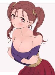  bad_id bad_twitter_id bare_shoulders blush breasts brown_eyes brown_hair cleavage closed_mouth dragon_quest dragon_quest_viii dress earrings female jessica_albert jewelry large_breasts long_hair looking_at_viewer miyama_(kannsannn) purple_shirt shirt simple_background solo strapless twintails 