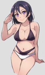  bikini black_bikini blue_hair blush breasts cleavage collarbone commentary_request dark_blue_hair female grey_background large_breasts looking_at_viewer love_live! love_live!_sunshine!! love_live!_sunshine!!_the_school_idol_movie_over_the_rainbow navel purple_eyes salute short_hair simple_background smile solo swimsuit turkey_min two-tone_bikini watanabe_tsuki white_bikini 