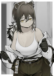  animal_ears animal_hands arknights breasts brown_eyes brown_hair brown_pants cleavage e_draw_paint ear_piercing female freckles hair_between_eyes large_breasts long_hair long_sleeves looking_at_viewer multicolored_hair pants piercing raccoon_ears raccoon_girl robin_(arknights) shirt solo streaked_hair sweat tank_top undressing white_shirt white_tank_top 