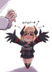  :d azur_lane black_eyes black_gloves black_jacket black_skirt blonde_hair blush breasts chibi collared_shirt commander_(azur_lane) commentary_request cross female gloves grey_shirt hair_between_eyes headgear heart heart-shaped_pupils iron_cross jacket large_breasts multicolored_hair nose_blush open_clothes open_jacket open_mouth out_of_frame outstretched_arms red_hair roon_(azur_lane) shirt skirt smile solo_focus streaked_hair symbol-shaped_pupils translated trembling u-non_(annon&#039;an) white_background 