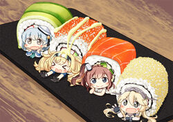  &gt;_&lt; 4girls blonde_hair blue_eyes blue_hair blue_shirt blush breast_pocket breasts brown_hair chibi closed_eyes collared_shirt commentary country_connection dixie_cup_hat double_bun dress elbow_gloves fish food gambier_bay_(kancolle) gloves hair_between_eyes hair_bun hair_ornament hairband hat headgear high_side_ponytail hinata_yuu iowa_(kancolle) kantai_collection large_breasts long_hair long_sleeves looking_at_viewer military_hat multiple_girls open_mouth photoshop_(medium) pocket rice sailor_collar samuel_b._roberts_(kancolle) saratoga_(kancolle) school_uniform serafuku shirt short_hair short_sleeves smile star-shaped_pupils star_(symbol) sushi symbol-shaped_pupils twintails white_dress 