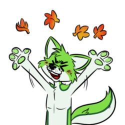  1:1 alpha_channel anthro autumn black_nose bonybones canid canine digital_media_(artwork) fidget_the_fox fox fur green_body green_fur green_pawpads hair leaf male mammal pawpads simple_background smile solo sticker telegram telegram_sticker white_body white_fur 