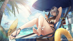  :q absurdres aether_gazer arm_behind_head arm_up armpits bare_legs barefoot beach blue_eyes breasts crazy_straw cup day drinking_glass drinking_straw eyewear_on_head feet female food full_body grey_hair hair_over_one_eye heterochromia highres holding holding_food innertube jiusan_naitang kotachi_(aether_gazer) large_breasts legs long_hair orange_eyes outdoors palm_tree ponytail popsicle sandals sideboob single_sandal soles solo strappy_heels sunglasses surfboard swim_ring toes tongue tongue_out tree 