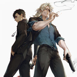  2boys arm_at_side belt black_belt black_hair black_jacket black_pants blonde_hair blood blood_on_weapon blue_eyes blue_shirt cigarette collared_shirt cowboy_shot dog_tags dress_shirt embers english_commentary eyepatch formal gangsta grin gun haban_(haban35) hand_in_pocket hand_up handgun highres holding holding_cigarette holding_gun holding_sword holding_weapon jacket katana long_hair looking_at_viewer male_focus multiple_boys nicolas_brown pants parted_bangs partially_unbuttoned profile shirt short_hair simple_background sleeves_rolled_up smile smoke smoking_barrel standing suit sword weapon white_background worick_arcangelo 