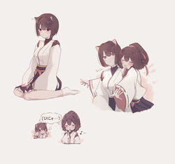  2girls absurdres animal_ears bad_id bad_pixiv_id black_shirt blush brown_eyes brown_hair brown_skirt cat_ears cat_tail closed_eyes closed_mouth eighth_note grey_background hair_between_eyes highres hyuuga_(kancolle) ise_(kancolle) japanese_clothes kantai_collection kazeshio multiple_girls multiple_views musical_note nontraditional_miko open_mouth ponytail shirt short_hair simple_background skirt smile socks tail thought_bubble undershirt white_legwear wide_sleeves 