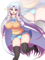  alternate_hair_length alternate_hairstyle blue_hair blue_panties blush breasts cardigan curvy female glasses gradient_hair highres lab_coat large_breasts long_hair multicolored_hair open_mouth original panties pantyshot pleated_skirt ponpo-chan_(ponponmaru) ponponmaru purple_eyes purple_hair school_uniform skirt smile solo sparkle thighhighs underwear very_long_hair zoom_layer 