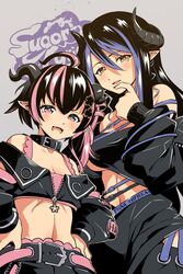  2girls ahoge alternate_eye_color bandeau belt belt_collar black_bandeau black_belt black_hair black_jacket black_skirt black_sleeves blue_belt blue_hair blush bra breasts bright_pupils brown_eyes chest_belt cleavage collar commentary_request copyright_name cowboy_shot cropped_jacket curled_horns demon_girl demon_horns detached_sleeves earrings fangs flat_chest flower grey_horns hair_between_eyes hair_flower hair_ornament hair_ribbon hebiyoi_tier hebiyoi_tier_(1st_costume) highres horns jacket jewelry long_hair long_sleeves looking_at_viewer medium_breasts midriff multicolored_hair multiple_girls nanashi_inc. nantyu-a navel off_shoulder oinomori_may oinomori_may_(1st_costume) one_side_up open_clothes open_jacket open_mouth pink_bra pink_eyes pink_hair pink_ribbon pointy_ears ribbon sidelocks single_earring skirt sleeveless sleeveless_jacket smile snake_bite sugar_lyric two-tone_hair underwear virtual_youtuber white_pupils 