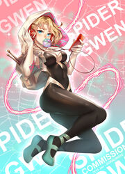  absurdres blonde_hair blue_eyes bodysuit breasts bubble_blowing cellphone character_name chewing_gum commission female headphones highres holding holding_cellphone holding_phone hood hood_up hoodie large_breasts ling_(doraling12) phone short_hair solo spider-gwen spider-man:_into_the_spider-verse spider-man_(series) 