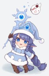  7mb_yut :d :p artist_name blue_eyes blue_hair braid brown_footwear brown_legwear coat female full_body fur_trim gem hand_up hat heart holding holding_wand horns league_of_legends legs_apart long_hair lulu_(league_of_legends) mixed-language_commentary multicolored_eyes official_alternate_costume open_mouth parted_bangs poro_(league_of_legends) purple_hair shadow sidelocks simple_background smile standing tongue tongue_out twin_braids twintails very_long_hair wand white_background wings winter_clothes winter_coat winter_wonder_lulu yordle 