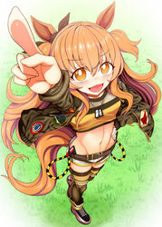  :d animal_ears arm_up belt black_footwear black_ribbon black_thighhighs blush breasts collarbone commentary crop_top dog_tags ear_ribbon female full_body grass green_belt green_jacket groin hair_between_eyes hand_on_own_hip highres horse_ears horse_girl horse_tail jacket long_hair long_sleeves looking_at_viewer mayano_top_gun_(umamusume) midriff navel open_clothes open_jacket open_mouth orange_hair pointing pointing_up ribbon shadow shirt shoes short_shorts shorts sidelocks small_breasts smile solo standing tail thighhighs two_side_up umamusume white_shorts yassy yellow_shirt 