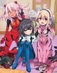  3girls :d badge black_bodysuit black_gloves black_hair black_headwear blonde_hair blue_bodysuit blush bodysuit boshi_(a-ieba) breasts brown_eyes button_badge chloe_von_einzbern commentary_request cosplay dark-skinned_female dark_skin evangelion:_3.0_you_can_(not)_redo eyepatch fate/kaleid_liner_prisma_illya fate_(series) full_body glasses gloves grey_background hair_between_eyes hair_ornament hairband hand_up hat highres ikari_shinji ikari_shinji_(cosplay) illyasviel_von_einzbern indoors jacket kneeling knees_up long_hair long_sleeves looking_at_viewer low_twintails makinami_mari_illustrious makinami_mari_illustrious_(cosplay) medium_hair miyu_edelfelt multicolored_clothes multicolored_jacket multiple_girls neon_genesis_evangelion open_mouth orange_eyes pink_bodysuit pink_hair plugsuit ponytail rebuild_of_evangelion red-framed_eyewear red_bodysuit red_jacket semi-rimless_eyewear sidelocks small_breasts smile souryuu_asuka_langley souryuu_asuka_langley_(cosplay) standing twintails two-tone_jacket two_side_up unworn_clothes unworn_jacket white_bodysuit white_jacket 