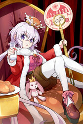  alternate_costume bottle breasts burger cape crown female food food_on_face holding holding_bottle holding_sign large_breasts looking_at_viewer milk_bottle milk_mustache red_cape red_footwear senki_zesshou_symphogear shorts sign sitting solo stuffed_animal stuffed_rabbit stuffed_toy throne uganda_(ugandam_00) white_legwear yukine_chris 