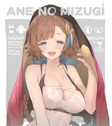  bare_shoulders bikini braid braided_ponytail breasts brown_hair cleavage_cutout clothing_cutout collarbone covered_nipples feather_hair_ornament feathers female granblue_fantasy green_eyes hair_ornament koza_game large_breasts leona_(granblue_fantasy) long_hair open_mouth solo sweat swimsuit 