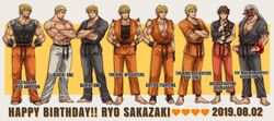  6+boys aged_up animal barefoot beard belt biceps black_belt blonde_hair blue_eyes brown_hair buriki_one character_name closed_mouth copyright_name crossed_arms dated dougi facial_hair fatal_fury feline fingerless_gloves gloves hand_on_own_hip hands_on_own_hips happy_birthday heart highres holding holding_animal holding_cat kof:_maximum_impact lineup looking_at_viewer male_focus martial_arts_belt mask miru_(mill_36) moustache mr._karate_ii multiple_boys multiple_persona muscular muscular_male parted_lips pectorals ryou_sakazaki ryuuko_no_ken serious short_hair smile snk standing tengu_mask the_king_of_fighters the_king_of_fighters_for_girls topless_male undershirt white_hair 