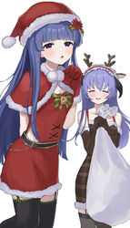  2girls absurdres alternate_costume animal_ears antlers black_legwear blue_hair blush capelet christmas closed_eyes deer_ears dress fake_animal_ears fake_horns fur-trimmed_capelet fur-trimmed_dress fur-trimmed_gloves fur-trimmed_skirt fur_trim furude_rika garter_belt gloves hanyuu hat highres higurashi_no_naku_koro_ni holding holding_sack horns light_purple_hair looking_at_viewer multiple_girls oici_ne purple_eyes red_capelet red_skirt reindeer_antlers sack santa_costume santa_hat skirt thighhighs white_background 