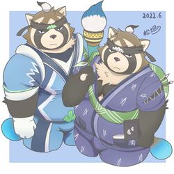  1:1 accessory anthro asian_clothing brown_body brown_fur canid canine clothing east_asian_clothing eyebrows fur headband inkbrush japanese_clothing kimono lifewonders live_a_hero male mammal overweight overweight_male raccoon_dog shoen stern_look superhero tanuki thick_eyebrows xiaonongbaopao1 