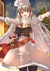  absurdres azur_lane black_pantyhose breasts brown_hair cape coat earmuffs enterprise_(azur_lane) enterprise_(reindeer_master)_(azur_lane) female fur-trimmed_cape fur_hat fur_trim gloves hat highres large_breasts looking_at_viewer official_alternate_costume open_mouth outdoors pantyhose purple_eyes purplecat scarf solo standing stuffed_deer white_cape white_scarf winter_clothes winter_coat 