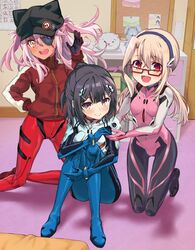  3girls :d badge black_bodysuit black_gloves black_hair black_headwear blonde_hair blue_bodysuit blush bodysuit boshi_(a-ieba) breasts brown_eyes button_badge chloe_von_einzbern commentary_request cosplay dark-skinned_female dark_skin evangelion:_3.0_you_can_(not)_redo eyepatch fate/kaleid_liner_prisma_illya fate_(series) full_body glasses gloves grey_background hair_between_eyes hair_ornament hairband hand_up hat highres ikari_shinji ikari_shinji_(cosplay) illyasviel_von_einzbern indoors jacket kneeling knees_up long_hair long_sleeves looking_at_viewer low_twintails makinami_mari_illustrious makinami_mari_illustrious_(cosplay) medium_hair miyu_edelfelt multicolored_clothes multicolored_jacket multiple_girls neon_genesis_evangelion open_mouth orange_eyes pink_bodysuit pink_hair plugsuit ponytail rebuild_of_evangelion red-framed_eyewear red_bodysuit red_jacket semi-rimless_eyewear sidelocks small_breasts smile souryuu_asuka_langley souryuu_asuka_langley_(cosplay) standing twintails two-tone_jacket two_side_up unworn_clothes unworn_jacket white_bodysuit white_jacket 