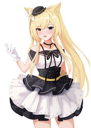  animal_ears arknights bad_id bad_twitter_id bare_shoulders black_collar black_dress black_hat blonde_hair blue_eyes blush cat_ears cat_girl collar cowboy_shot dress female flower gloves hair_flower hair_ornament hand_up hat heterochromia izumi_roka jewelry long_hair mini_hat necklace nightmare_(arknights) nightmare_(light_and_shadow)_(arknights) open_mouth ponytail red_eyes simple_background solo very_long_hair white_background white_flower white_gloves 