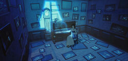  black_eyes black_hair blunt_bangs brown_footwear chair chinese_commentary clock collared_dress commentary corded_phone dress expressionless female frilled_dress frills grandfather_clock highres holding indoors instrument long_sleeves looking_at_viewer maionese moonlight original painting_(object) phone piano sidelocks sitting solo unreal_(medium) upright_piano white_dress wide_shot 