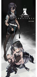  2girls absurdres ahoge alver arknights artist_name bandaid bandaid_on_face belt black_gloves black_hair black_pantyhose black_thighhighs blue_eyes breasts character_name checkered_floor commentary_request crocodilian_tail crossed_ankles flint_(arknights) gloves grey_hair hair_between_eyes high_heels highres hood hoodie letterboxed long_hair medium_breasts multiple_girls pantyhose partially_fingerless_gloves pointy_ears sitting skirt small_breasts standing tail thighhighs tomimi_(arknights) torn_clothes torn_pantyhose torn_thighhighs yellow_eyes 