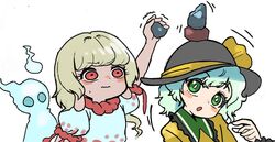  1other 2girls balancing balancing_on_head blonde_hair blouse bow ebisu_eika frilled_shirt frilled_shirt_collar frills ghost green_eyes green_hair hat hat_bow hat_ribbon holding holding_rock howhow_notei komeiji_koishi long_earlobes looking_at_another multiple_girls open_mouth puffy_short_sleeves puffy_sleeves pun red_eyes ribbon rock rock_balancing shirt short_hair short_sleeves stacking touhou upper_body wavy_mouth white_background yellow_shirt 