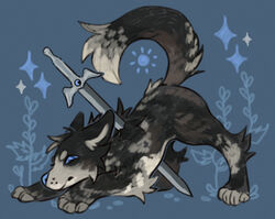  ambiguous_gender blue_eyes blue_nose canid canine canis chest_tuft feet feral head_tuft hi_res hybrid impalement mammal markings melee_weapon narrowed_eyes solo sparkles squint sun_(marking) sword toeless_(marking) tuft weapon wolfdog yawndogs 