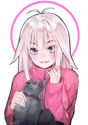  animal antenna_hair black_cat blue_eyes blush breasts commentary eyes_visible_through_hair feline female indie_virtual_youtuber jacket kawakami_masaki long_hair long_sleeves medium_breasts parted_lips petting pink_jacket sidelocks signature smile solo track_jacket two-tone_background upper_body vei_(vtuber) vei_(vtuber)_(1st_costume) virtual_youtuber white_hair 