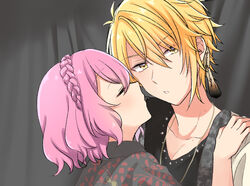  1boy blonde_hair closed_eyes earrings female indie_utaite jewelry kissing looking_at_viewer necklace nqrse pink_hair rummy_73 senra_(utaite) short_hair simple_background straight urashimasakatasen utaite yellow_eyes 