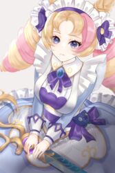  absurdres blonde_hair blue_bow blue_bowtie blue_dress blue_eyes bow bowtie breasts cafe_cuties_(league_of_legends) cafe_cuties_gwen closed_mouth collared_dress cone_hair_bun dress drill_hair female frills gem grey_background gwen_(league_of_legends) hair_bun hairbow highres hnnk_buta large_breasts league_of_legends long_dress long_hair long_sleeves looking_at_viewer maid_headdress multicolored_hair open_mouth parted_bangs pink_hair solo star-shaped_pupils star_(symbol) symbol-shaped_pupils twin_drills two-tone_hair 