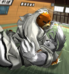  2013 anthro bear brown_body brown_fur canid canine canis colored countershade_face countershade_snout countershading duo fight fur gloves_(marking) grey_body grey_fur hair juuichi_mikazuki keikogi male mammal markings martial_arts_uniform morenatsu motion_blur multicolored_body multicolored_fur poge_jirushi ponytail scar snout sportswear tan_body tan_countershading tan_fur tatami ten_kodori two_tone_body two_tone_fur white_body white_countershading white_fur wolf 