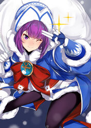  ;) absurdres ankh badge beanie blue_coat blue_dress blue_gloves blush bow breasts closed_mouth coat dress fate/grand_order fate/grand_order_arcade fate_(series) female fur-trimmed_dress fur_trim gloves hat helena_blavatsky_(christmas)_(fate) helena_blavatsky_(fate) highres hood hooded_coat large_bow long_sleeves looking_at_viewer nanakaku one_eye_closed open_clothes open_coat pantyhose purple_eyes purple_hair purple_pantyhose red_bow sack short_hair small_breasts smile solo sparkle 