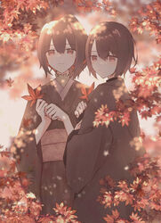  2girls absurdres alternate_costume autumn_leaves bad_id bad_pixiv_id black_kimono brown_hair hair_ribbon highres holding holding_leaf hyuuga_(kancolle) ise_(kancolle) japanese_clothes kantai_collection kazeshio kimono leaf multiple_girls obi outdoors ponytail red_eyes red_ribbon ribbon sash short_hair wide_sleeves 