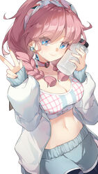  absurdres arknights blue_eyes blue_poison_(arknights) blue_poison_(shoal_beat)_(arknights) blush bottle braid breasts character_name choker cleavage clothes_writing crop_top earrings female grey_jacket hairband hands_up highres jacket jewelry long_hair long_sleeves looking_at_viewer medium_breasts midriff navel official_alternate_costume open_clothes open_jacket pink_choker pink_hair shao_(shaorouhong) simple_background smile solo sports_bra stomach twin_braids v water_bottle white_background 