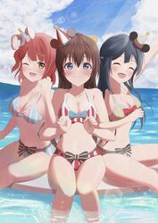  3girls ;d absurdres adapted_costume animal_ear_headwear animal_ears azuna_(love_live!) bikini black_bow black_hair blue_bikini blue_eyes blush bow bow_bikini breasts brown_eyes brown_hair cleavage closed_eyes collarbone commentary curled_fingers day eyebrows_hidden_by_hair fake_animal_ears fingernails happy hat highres infinity!_our_wings!! kyo_08 locked_arms long_hair looking_at_viewer love_live! love_live!_nijigasaki_high_school_idol_club medium_breasts mini_hat multiple_girls navel ocean one_eye_closed osaka_shizuku outdoors platform red_bikini red_hair sitting smile strap_gap striped_bikini striped_bow striped_clothes striped_headwear swimsuit uehara_ayumu vertical-striped_bikini vertical-striped_clothes vertical-striped_headwear waist_bow yellow_bikini yuki_setsuna_(love_live!) 