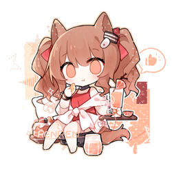  :t angelina_(arknights) angelina_(summer_flower)_(arknights) animal_ears arknights black_collar bow brown_eyes brown_hair casual_one-piece_swimsuit chibi collar cup drink eating female food fox_ears fox_girl fox_tail hair_ornament hairbow hairclip hand_up holding holding_cup holding_food infection_monitor_(arknights) long_hair looking_at_viewer official_alternate_costume one-piece_swimsuit red_bow red_one-piece_swimsuit renren sarong simple_background sitting solo speech_bubble spoken_thumbs_up swimsuit tail twintails white_background white_sarong 