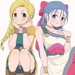  2girls bianca_(dq5) blonde_hair blue_eyes blue_hair blush bow braid breasts cape choker closed_mouth commentary dragon_quest dragon_quest_v dress earrings flora_(dq5) hair_over_shoulder hairbow jewelry long_hair looking_at_viewer miyama_(kannsannn) multiple_girls open_mouth pink_bow simple_background single_braid smile 