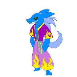  1:1 blue_body blue_hair bottomwear clothing digital_media_(artwork) eye_half_closed green_eyes hair hyena jacket leaf male mammal pants pixel_(artwork) purple_bottomwear purple_clothing purple_jacket purple_pants purple_topwear sash smile smug teeth topwear 