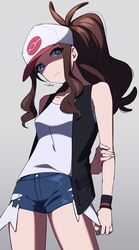  antenna_hair arm_behind_back bad_id bad_twitter_id baseball_cap black_vest black_wristband blue_eyes breasts brown_hair closed_mouth collarbone commentary denim denim_shorts eyelashes female from_below hat high_ponytail highres hilda_(pokemon) holding holding_poke_ball koyama_miki long_hair open_clothes open_vest poke_ball pokemon pokemon_bw shirt short_shorts shorts sidelocks signature sleeveless sleeveless_shirt solo symbol-only_commentary vest white_shirt wristband 