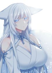  animal_ears blue_eyes breasts cleavage clothing_cutout female fox_ears fox_tail konshin large_breasts long_hair looking_at_viewer orie_mishiro original shoulder_cutout solo tail upper_body white_hair 