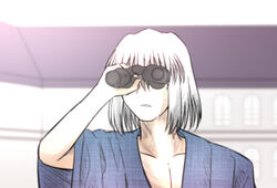  1boy binoculars commentary_request japanese_clothes looking_afar male_focus open_clothes open_mouth short_hair solo tohno_shiki_(2) tsukihime typeakiha73 white_hair 