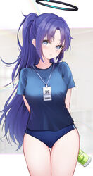  absurdres arms_behind_back blue_archive blue_buruma blue_eyes blue_hair blue_shirt blush bottle breasts buruma commentary female gym_uniform halo highres long_hair looking_at_viewer mechanical_halo open_mouth ponytail shirt short_sleeves solo standing thigh_gap thighs water_bottle yuuka_(blue_archive) yuuka_(track)_(blue_archive) yuye 