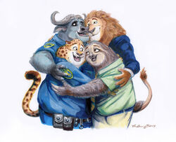  2017 anthro benjamin_clawhauser black_nose bovid bovine cape_buffalo cheetah chief_bogo chrisbcritter clothed clothing disney felid feline flash_slothmore fur group group_hug horn hug hugging_another leodore_lionheart lion male mammal pantherine pilosan police police_uniform simple_background sloth smile standing three-toed_sloth uniform white_background xenarthran zootopia 