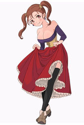  blush breasts brown_eyes brown_hair cleavage closed_mouth corset dragon_quest dragon_quest_viii dress earrings female highres jessica_albert jewelry large_breasts looking_at_viewer miyama_(kannsannn) purple_shirt shirt simple_background smile solo strapless thighhighs twintails 