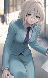  an-94_(antje)_(girls&#039;_frontline) an-94_(girls&#039;_frontline) aqua_eyes belt blue_jacket blue_neckwear blue_pants blue_suit blurry blurry_background breasts collared_shirt commentary_request duplicate english_commentary female formal girls&#039;_frontline glasses indoors jacket mixed-language_commentary official_alternate_costume pants paper parted_lips picking_up pixel-perfect_duplicate platinum_blonde_hair shirt sidelocks solo squatting suit urano_ura white_shirt 