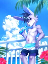  absurd_res adolescent anthro athletic athletic_anthro athletic_male blush bodily_fluids bottle clothed clothing container hi_res kemono lagomorph leporid male mammal manadezimon muscular muscular_young rabbit solo sweat swimming_trunks swimwear topless v-cut water_bottle young young_anthro 